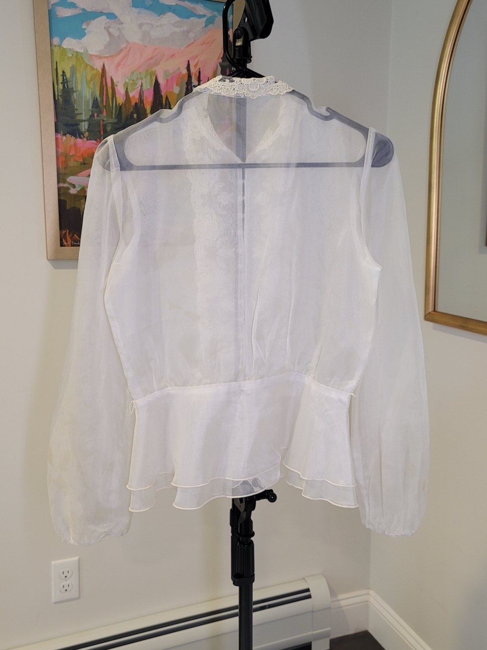 VINTAGE Shelley Johnson Twin Peaks Sheer Peplum Blouse Lace Trim Pearl Buttons - Picture 13 of 15